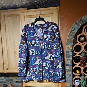 Vintage Looney Tunes Print Button Up Long Sleeve Scrub Jacket Blue Red Orange